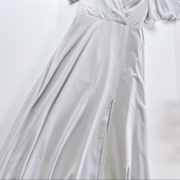 Marchesa Notte Bridesmaids Draped-Sleeve Rear-Cutout Gown Grey - Picture 10 of 16